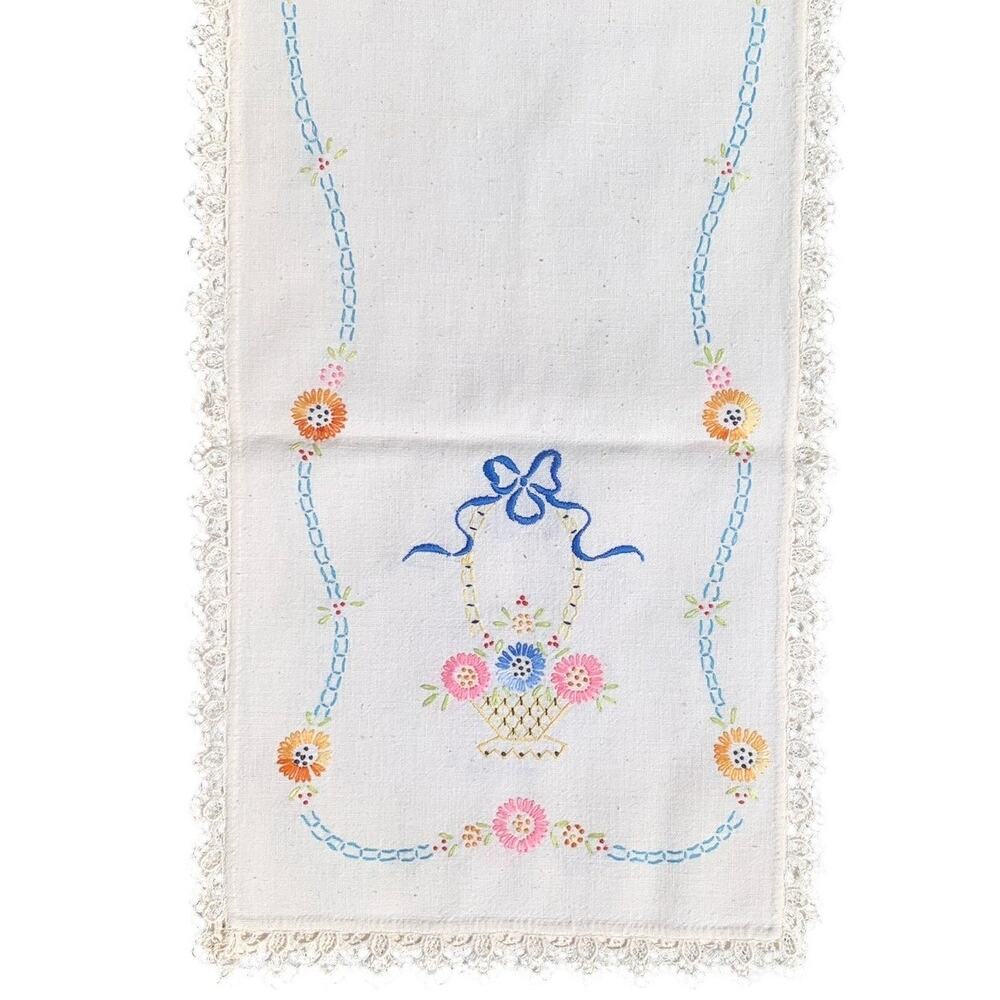 Vintage 40" x 12" Hand-Stitched Tablecloth Runner Flower Basket w/Crochet Trim